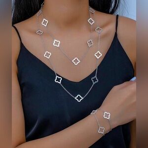 18K White Gold (Rhodium) Clover Layered Long Interval Necklace & Bracelet Set
